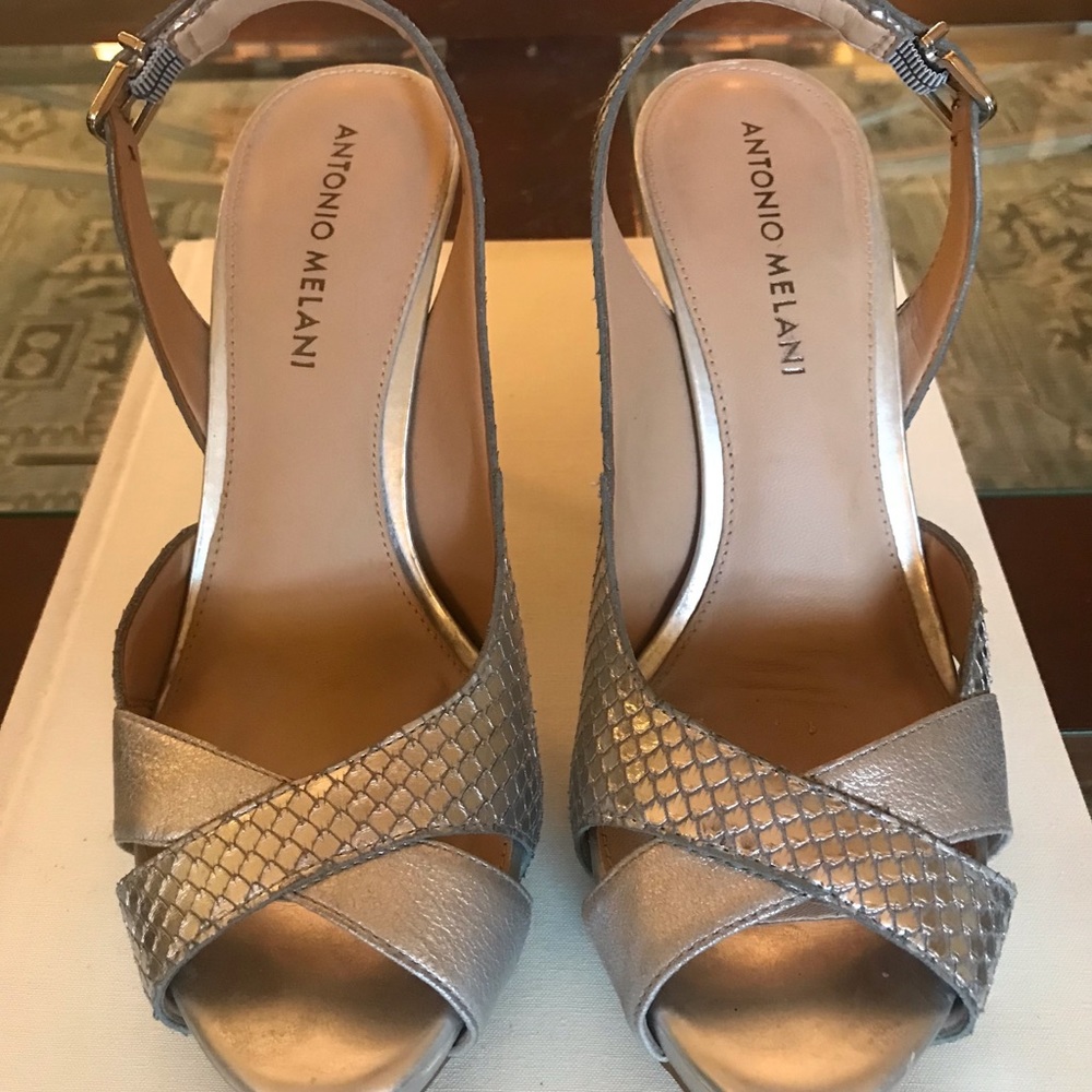Antonio Melani Silver Metallic Slingback Heels.